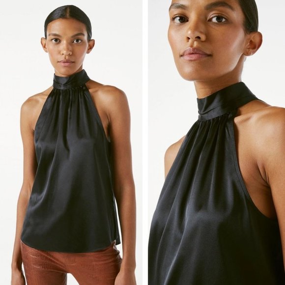 Frame Denim Tops - Frame Denim Silk Shirred Sleeveless Halter Top in Black Lustrous Chic Trendy